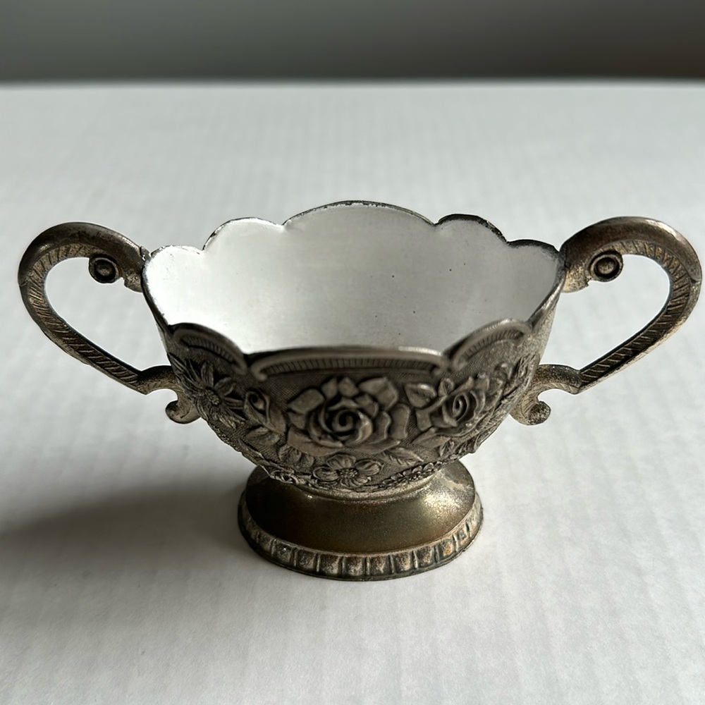 Vintage Small Japanese Silver Plated Floral Motif Enamel Inside Sugar Bowl